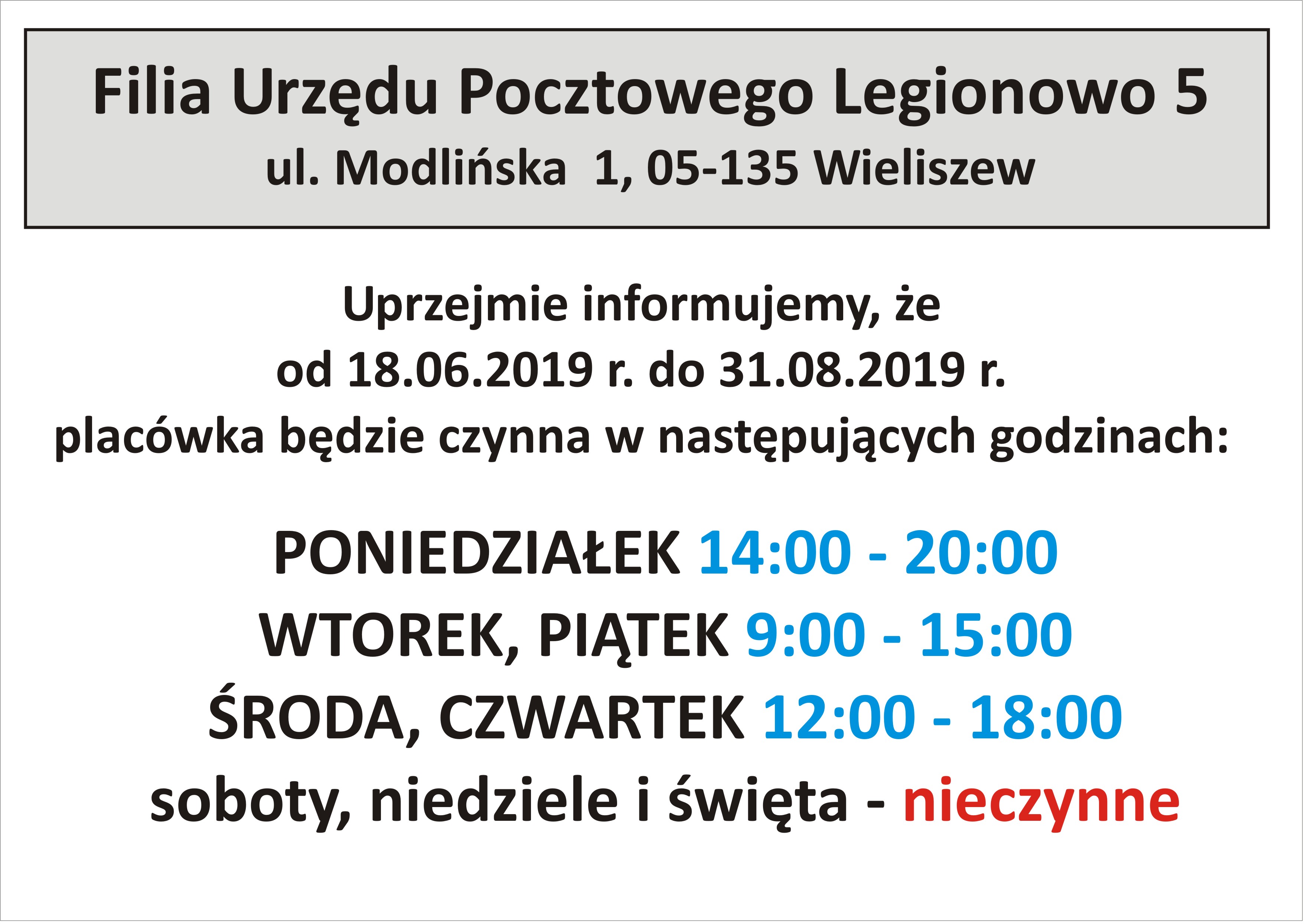 Zmiana godzin pracy Filii Urzędu Pocztowego Legionowo 5