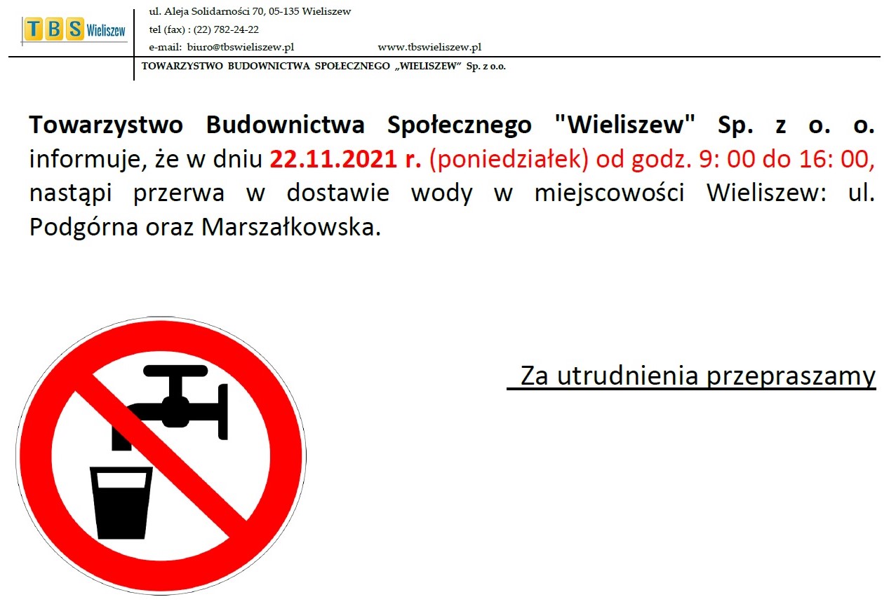 informacja o przerwie w dostawie wody