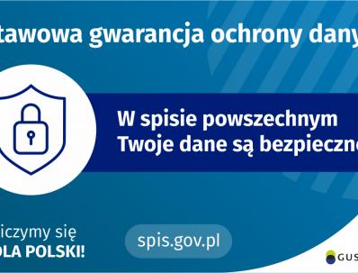 Na górze grafiki jest napis: ustawowa gwarancja ochrony danych. Poniżej po lewej stronie widać symbol tarczy i kłódki. Obok jest napis: w spisie powszechnym Twoje dane są bezpieczne! W lewym dolnym rogu grafiki są cztery małe koła ze znakami dodawania, odejmowania, mnożenia i dzielenia, obok nich napis: Liczymy się dla Polski! Na dole pośrodku jest napis: spis.gov.pl. W prawym dolnym rogu jest logotyp spisu: dwa nachodzące na siebie pionowo koła, GUS, pionowa kreska, NSP 2021.