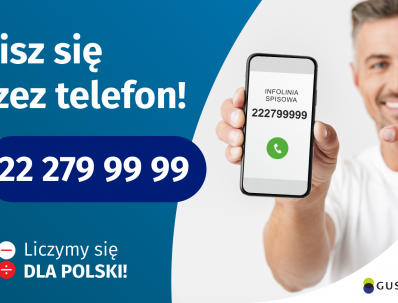 Po lewej stronie grafiki jest napis: Spisz się przez telefon i numer telefonu 22 279 99 99. Po prawej stronie jest mężczyzna, który trzyma w dłoni telefon i wskazuje na jego wyświetlacz. Na ekranie telefonu widać napis infolinia spisowa i numer telefonu. Na dole grafiki są cztery małe koła ze znakami dodawania, odejmowania, mnożenia i dzielenia, obok nich napis: Liczymy się dla Polski! W prawym dolnym rogu jest logotyp spisu: dwa nachodzące na siebie pionowo koła, GUS, pionowa kreska, NSP 2021.