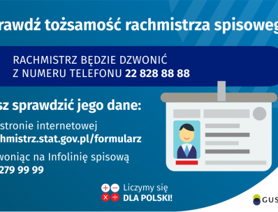 Na grafice jest napis: Sprawdź tożsamość rachmistrza spisowego! Rachmistrz będzie dzwonić z numeru telefonu 22 828 88 88. Możesz sprawdzić jego dane: na stronie internetowej rachmistrz.stat.gov.pl/formularz, dzwoniąc na infolinię spisową 22 279 99 99. Po prawej stronie grafiki widać obrazek identyfikatora. Na dole grafiki są cztery małe koła ze znakami dodawania, odejmowania, mnożenia i dzielenia, obok nich napis: Liczymy się dla Polski! W prawym dolnym rogu jest logotyp spisu: dwa nachodzące na siebie pion